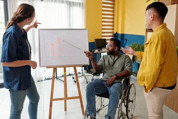 Office worker with disability pointing at whiteboard with chart when discussing company progress with colleagues