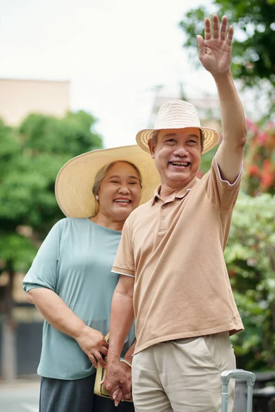 Cheerful Senior Man Waving Hand Catching Taxi Hotel — Stock Photo, Image