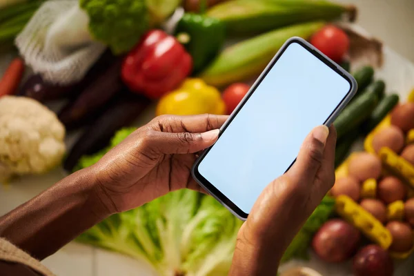 食料品の配達をオンラインで注文する際にモバイルアプリを使用する女性の手 — ストック写真