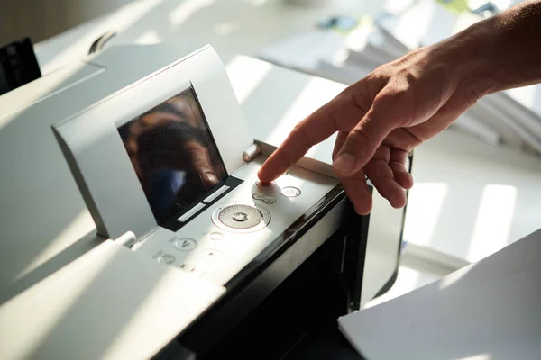 Businessman Pressing Button Printer Print Reports Meeting — Stock Photo, Image