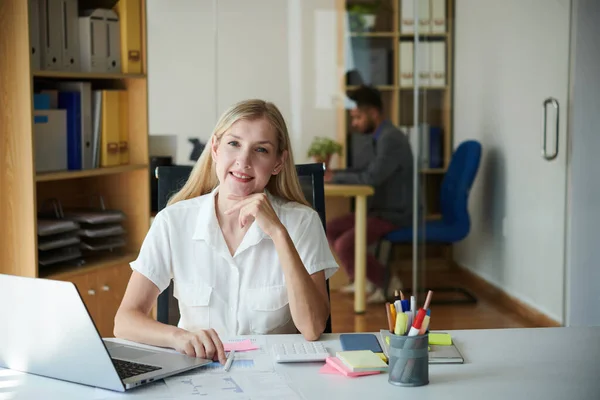 Portrait Smiling Entrepreneur Working Documents Office Desk — Stock Photo, Image
