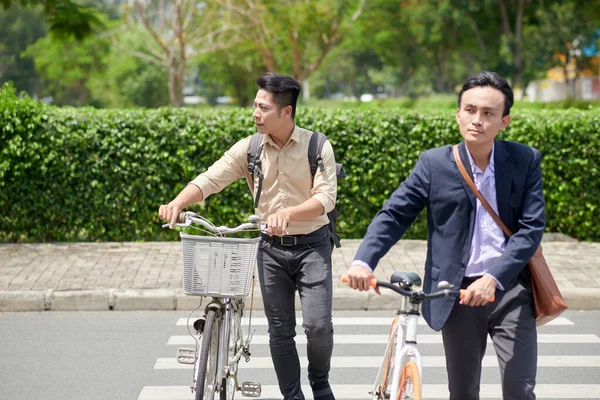 Серьезные Бизнесмены Идущие Рядом Своими Велосипедами Переходе Через Дорогу Городе — стоковое фото