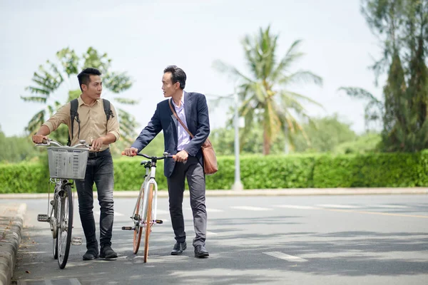 Imprenditori Seri Con Biciclette Discutono Progetto Quando Cammina Incontro Affari — Foto Stock