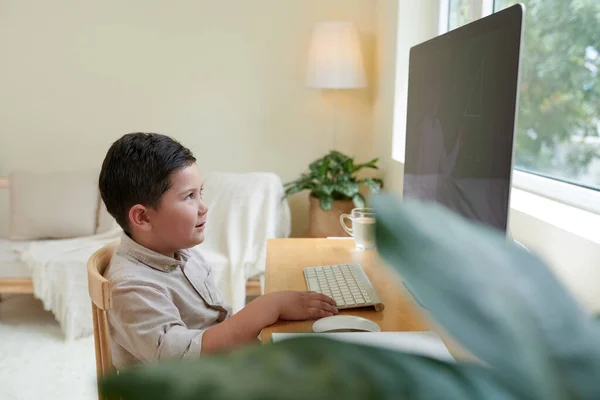 正的小男孩在网上上课的时候 在家学习 因为有头孢病毒 — 图库照片