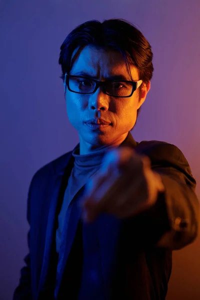Angry Confident Man Glasses Pointing Camera — Stock Photo, Image