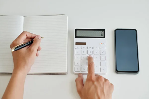 Hands Entrepreneur Making Calculations Writing Planner — Stock Photo, Image