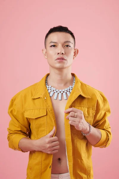 Portrait Stylish Young Man Wearing Mustard Denim Jacket Creative Necklace — Stock Photo, Image