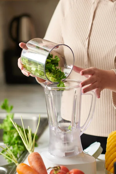 Close Image Woman Putting Bowl Cut Celery Blender — Stock Photo, Image