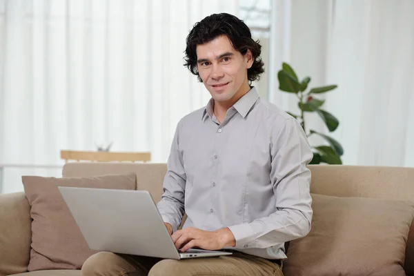 Portrait Smiling Businessman Working Laptop Home — Stock Photo, Image