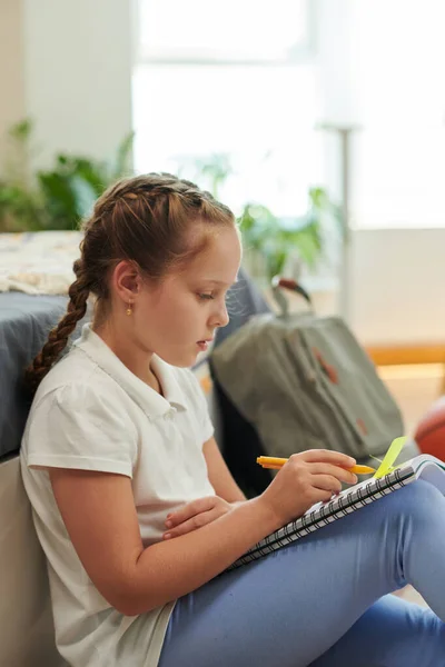 Smart Girl Working Homework Assignment Sitting Floor Next Her Bed — Stock Photo, Image