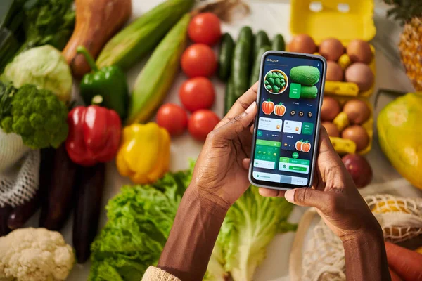 Frau Nutzt Mobile Anwendung Ernährungsinformationen Über Lebensmittel Rezepte Und Hacks — Stockfoto