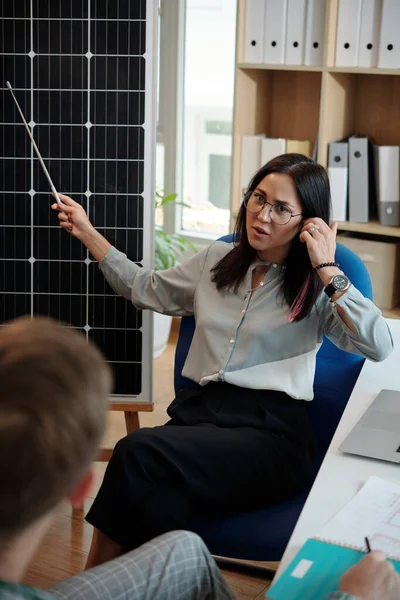 Gerente Señalando Panel Solar Explicar Principio Trabajo Cliente Nuevo Trabajador —  Fotos de Stock