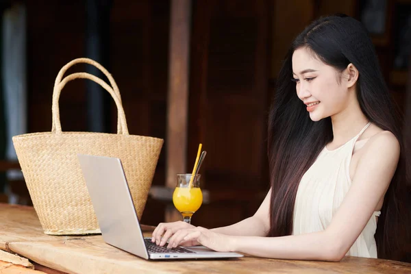 Gülümseyen Kadın Solofenatör Plaj Barında Dizüstü Bilgisayarla Çalışıyor — Stok fotoğraf