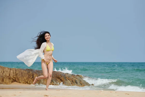 Happy Young Woman Yellow Bikini Jogging Sea Beach Morning — Stock Photo, Image
