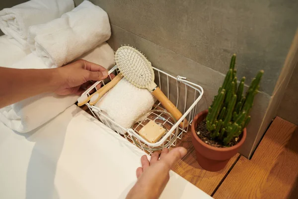 Hands Man Putting Basket Small Towel Handmade Soap Biodegradable Eco — Stock Photo, Image