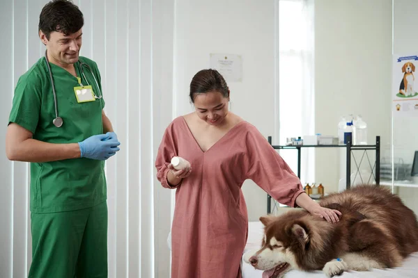 Propietario Del Perro Samoyed Veterinario Visita Para Obtener Medicina Prescrita —  Fotos de Stock