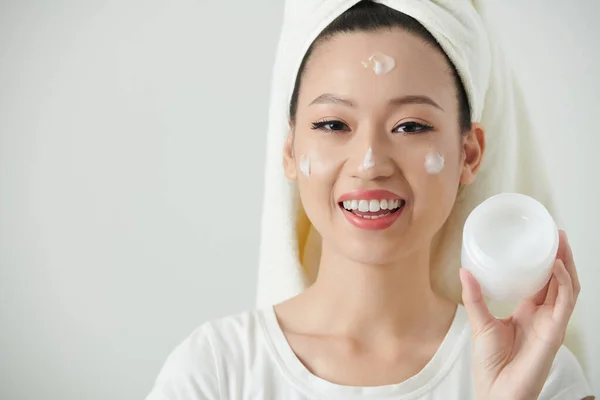 Portrait Happy Young Woman Towel Her Face Applying Face Cream — Stock Photo, Image