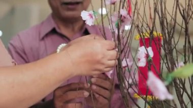 Kocasıyla Tet kutlamasına hazırlanırken şeftali çiçekleriyle dalları süsleyen yaşlı bir kadının yakın plan fotoğrafları.