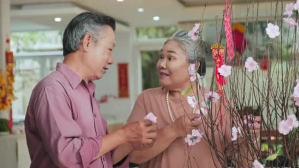 桃の花の枝を飾るアジアのシニアカップルの中ショットやTetのお祝いのための家を準備しながらチャット — ストック動画