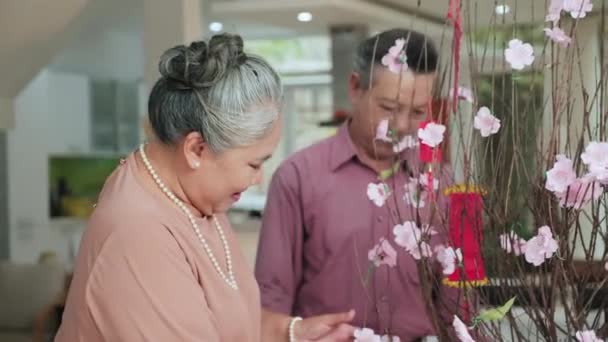 上了年纪的亚洲夫妇在家里做桃花枝头装饰 准备一起过节 — 图库视频影像