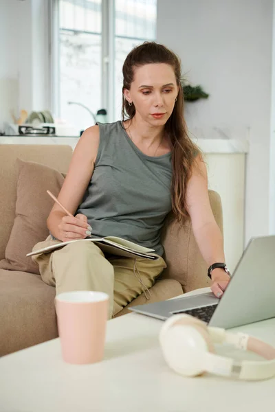 Mulher Assistindo Lection Vídeo Educativo Laptop Tomar Notas Planejador — Fotografia de Stock