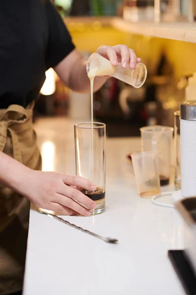 Barista Adding Condensed Milk Tall Glass Espresso — Stock Photo, Image