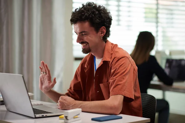 Smiling Entrepreneur Waving Hand Greeting Colleagues Online Meeting — Stock Photo, Image