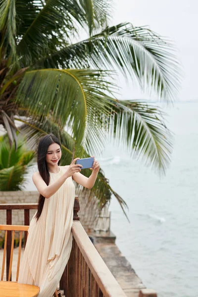 Young Woman Long Flowing Dress Photographing Sea Waves Terrace Beach — Stock Photo, Image