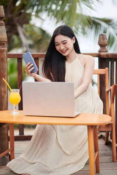 Happy Young Blogger Long Float Dress Answering Text Messages Mails — Stock Photo, Image