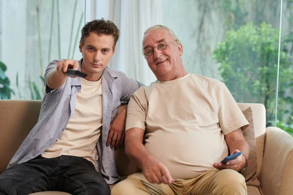 Grandfather Grandson Watching Home Together — Stock Photo, Image