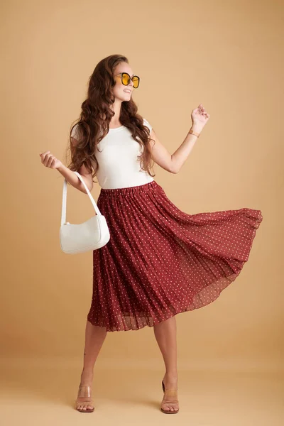 Happy Young Woman Polka Dot Skirt Yellow Sunglasses Dancing — Stock Photo, Image