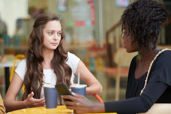 Serious Young Woman Sharing Her Problem Friend Sitting Cafe Table — Stock Photo, Image