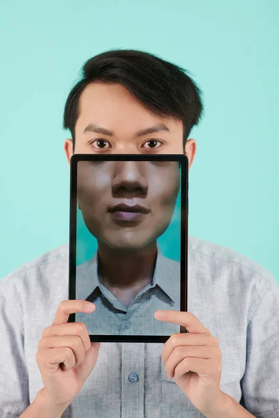 Young Asian Man Holding Tablet Computer His Portrait Screen — Stock Photo, Image