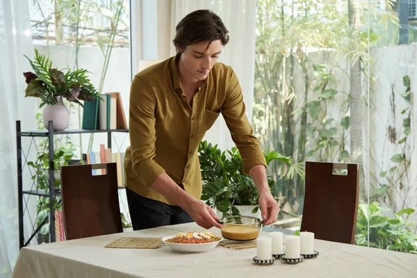 Young Man Serving Table Romantic Dinner Home — Stock Photo, Image