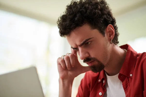 Pensive Man Checking Programming Code Errors Working Laptop Home — Stock fotografie