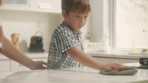妈妈和儿子在厨房用洗涤剂一起做家务活 — 图库视频影像