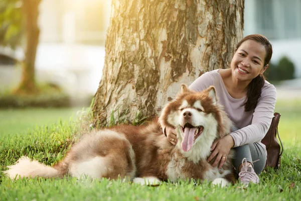 在公园的树下 一个快乐的越南女人拍拍萨莫伊犬的画像 — 图库照片