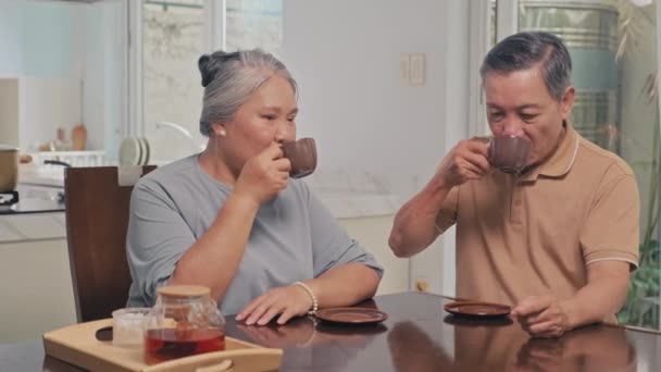 在厨房吃早餐喝茶时聊天的退休人员夫妇 — 图库视频影像
