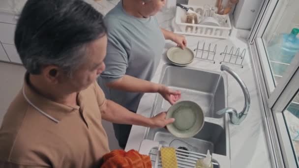 台所で一緒に時間を過ごす高齢者のカップルの洗濯や食器拭きのトップダウンビュー — ストック動画