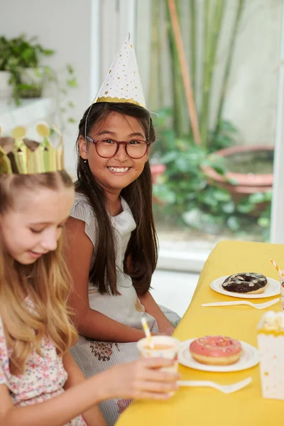 Excited Girl Attending Birthday Party Her Friend — Stock Photo, Image