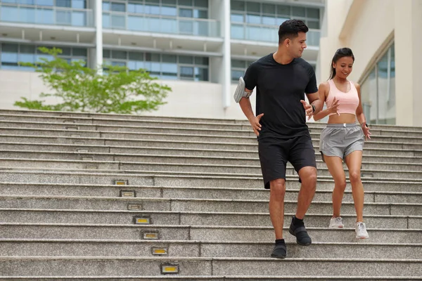 Fit Young Boyfriend Girlfriend Running Stairs Engage More Leg Muscles — Stock Photo, Image