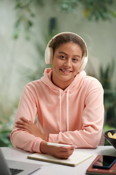 Portrait Smiling Student Headphones Listening Music Doing Homework — Stock Photo, Image