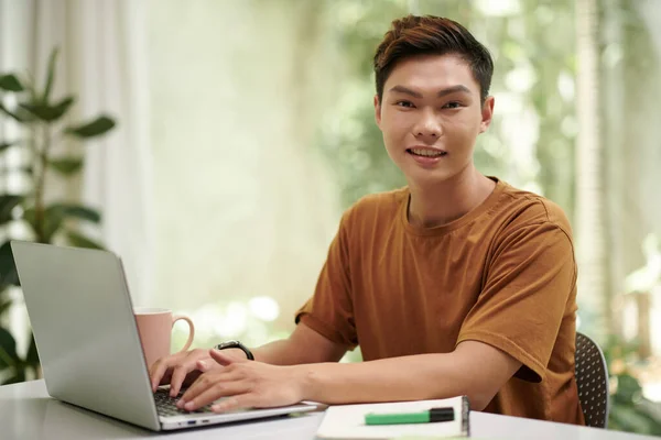 Cheerful Asian Computer Science Student Programming Laptop Home — Stock Photo, Image