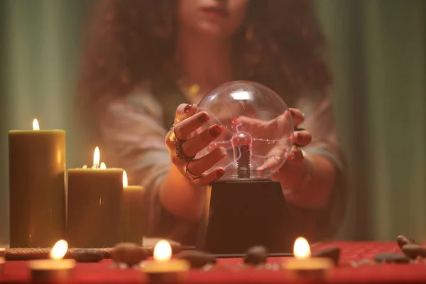 Closeup Image Fortune Teller Touching Crystal Ball Trying See Future — Stock Photo, Image