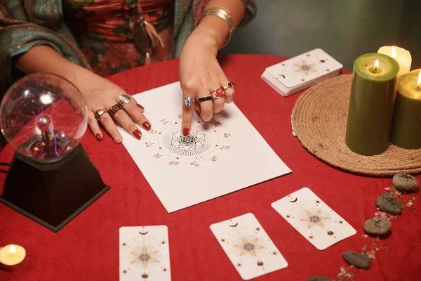 Hands of fortune teller pointing at natal chart of client to reveal his strengths and weaknesses, and opportunities for soul growth