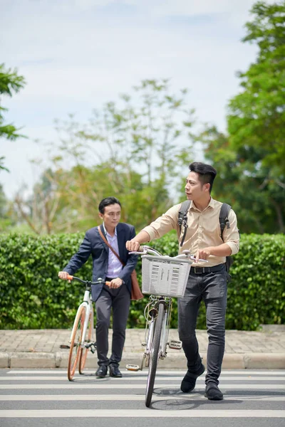 Seriöse Geschäftsleute Mit Fahrrädern Überqueren Straße Wenn Sie Zur Arbeit — Stockfoto