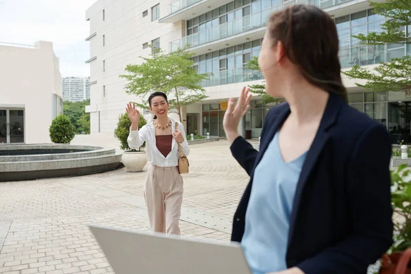 Mujer Negocios Alegre Saludando Compañero Trabajo Cuando Reúnen Aire Libre —  Fotos de Stock