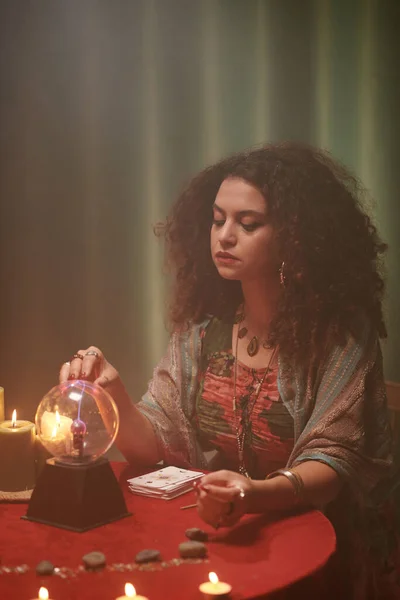 Serious Fortune Teller Touching Crystal Ball Front Her — Stock Photo, Image