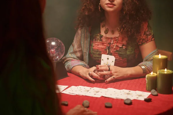 Cropped Image Fortune Teller Spreading Tarot Cards Client — Stock Photo, Image
