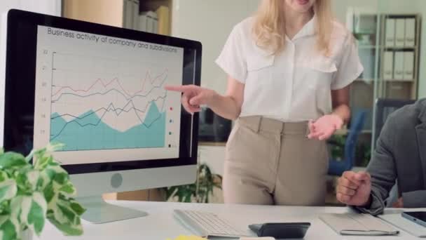 Şirketin Faaliyetlerini Tartışan Çeşitli Arkadaşları Büyük Bilgisayar Ekranında Ofiste Toplantı — Stok video